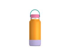 a yellow and pink insulated water bottle on a white background with a blue handle