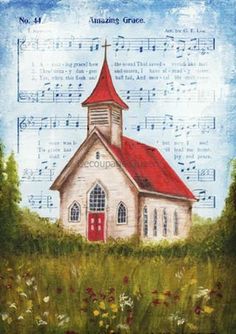 a painting of a church with music notes