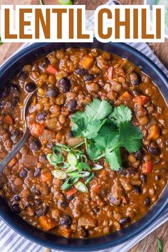 image of lentli chili in black bowl garnished with cilantro and sliced green onion. Title text: Lentil Chili Lentil Chilli Recipes, Beef And Red Lentil Chili, Vegan Lentil Chili Recipe, Turkey Lentil Chili, Eggplant Chili, Vegan Chilli