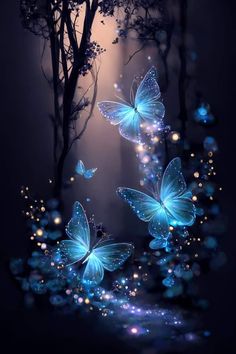 blue butterflies flying in the night sky