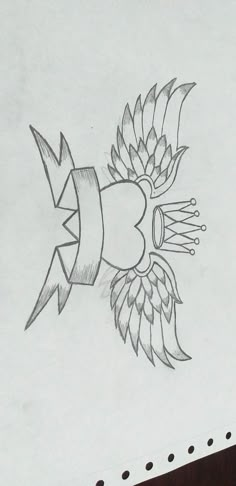 a drawing of a bird with wings on it's head and an arrow in its beak