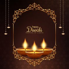 happy diwali festival card with three lit candles in gold frame on dark background