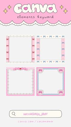 a pink and white photo frame with bows on it, in front of the words canva