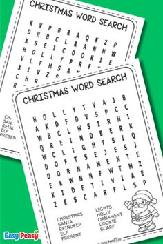 two christmas word search puzzles on green background