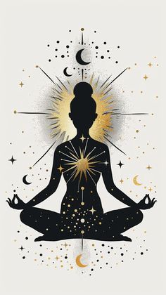 the silhouette of a person sitting in a lotus position with stars and crescents around them