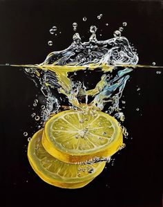 an oil painting of lemons and water splashing on black background, with one slice cut in half