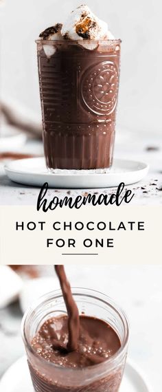 homemade hot chocolate for one in a glass cup with whipped cream on top and the title overlay reads homemade hot chocolate for one