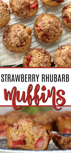 strawberry rhubar muffins on a cooling rack with the title overlay