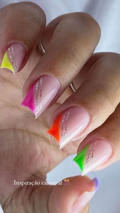 Rainbow Nails Design Glitter, Carnaval Nails Design, Carnival Nails, French Manicure Acrylic Nails, Fluorescent Nails, Accent Nail Designs, Cruise Nails, Rainbow Nails Design, Neon Nail Designs