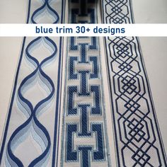 blue trim and designs on white paper with text that reads, blue trim 30 + designs