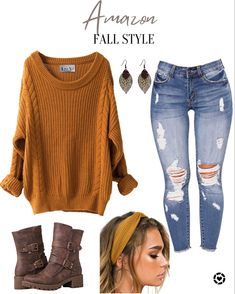 Cute Fall Outfits Amazon, Light Colored Jeans Outfit Fall, Outfit For Fall For Women, Fall Brown Boots Outfit, Brown Combat Boots Outfit Winter, Brown Boots And Jeans Outfit, Women Amazon Outfits, Shein Outfits Fall 2023, Boho Style Winter Fall Outfits