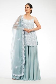 Shop for Shruti S Blue Silk Floral Embroidered Kurta Sharara Set for Women Online at Aza Fashions Blue Sharara, Sharara Pants, Kurta Sharara Set, Kurta Sharara, Blue Kurta, Sharara Set, Jennifer Winget, Organza Dupatta, Indian Fashion Designers