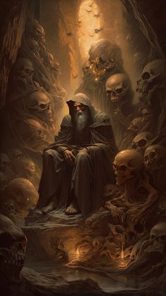 a painting of a man sitting in a cave surrounded by skulls