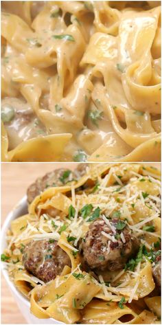 two pictures of pasta with meatballs and cheese