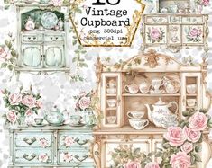 an old fashioned dresser with roses on it and the words vintage cupboard painted in white