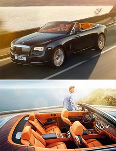 two photographs side by side of a black and orange convertible car