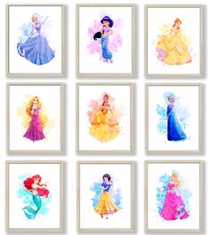 disney princesses watercolor art prints set of 8