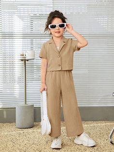 Khaki Casual Collar   Plain  Embellished Non-Stretch  Young Girls Clothing Stand Collar Top, Cute Cardigans, Baby Outfit, Simple Trendy Outfits, Women Pants Casual, Collar Shirt, Casual Street Style, Inspiration Mode, Casual Girl