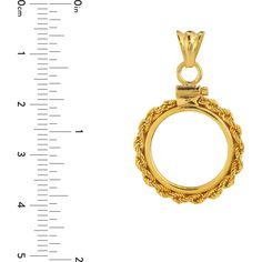 Indulge in the realm of grandeur with the American Eagle 1/10 Oz Rope Screw Top Bezel by Olas d'Oro. This exquisite bezel is more than just a holder for your prized 1/10 Oz American Eagle coin; it's a statement piece that exudes elegance and craftsmanship. Made in 14K gold, this bezel adds a touch of luxury to your collection. Please note that the coin is not included.Crafted with attention to detail, this bezel features a rope screw top design that securely holds your coin in place. The warm, i Gold Round Pendant Jewelry With Halo Design, Elegant Yellow Gold Jewelry With Rotating Bezel, Yellow Gold Pendant Jewelry With Halo Design, Gold Pendant Jewelry With Halo Design, Elegant Gold Jewelry With Rotating Bezel, Collectible Yellow Gold Round Pendant Jewelry, Gold Pendant With Halo Design, Yellow Gold Halo Pendant Jewelry, Yellow Gold Jewelry With Round Rope Chain