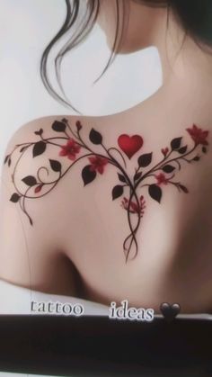 the back of a woman's shoulder with flowers and hearts painted on her chest