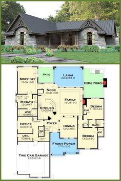 two story house plans with an open floor plan and large front porch, along with a garage