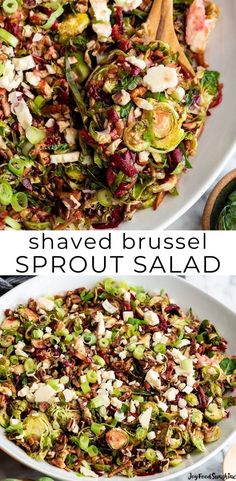 shaved brussels sprout salad in a white bowl