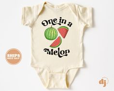 One in a Melon 1st Birthday Baby Bodysuit - Cute Funny Gender Neutral 1st Birthday Bodysuit - Retro First Birthday Baby Bodysuit & Tee  All of the shirts and bodysuits at our shop are CPSIA compliant. We only use Eco-friendly, water-based inks that are also CPSIA compliant and boasts strong washability (highest score on AATCC wash test).  So rest assure to put them on your little ones!  ** COLOR OF T-SHIRTS WILL VARY SLIGHTLY DUE TO LIGHTING AND/OR MONITOR SETTINGS ** DETAILS OF BABY BODYSUITS & Fitted Bodysuit For First Birthday In Summer, Fitted Summer Onesie For Birthday, Fitted Onesie For Summer Birthday, Fitted Onesie For First Birthday, Summer Onesie With Letter Print For Gender Reveal, Retro First Birthday, Birthday Bodysuit, One In A Melon, Kids Tops