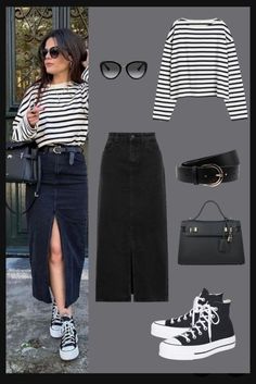 Converse Off White Outfit, White Sneaker Skirt Outfit, How To Style A Black Denim Skirt, Black Denim Midi Skirt Outfit Summer, Black Canvas Shoes Outfit, Denim Midi Skirt Outfit Casual, Spring Outfits With Converse, Black Denim Skirt Outfit Ideas, How To Style Black Denim Skirt