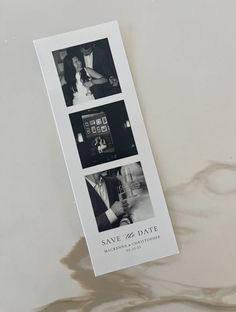 a white card with black and white photos on it that says save the date in two different languages