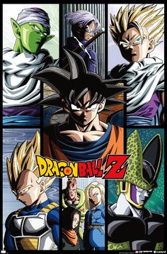 the dragon ball z movie poster is shown in four different pictures, including an image of gohan and vegeta