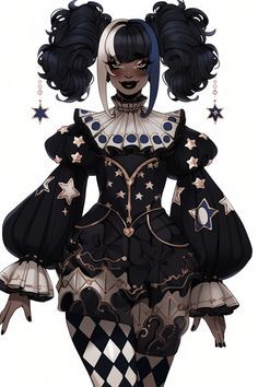 #fashion, #style, #outfitinspiration, #beauty Clown Designs Art, Clown Oc Outfits, Circus Aesthetic Clothes, Jester Black And White, Female Clown Character Design, Clown Drawing Outfit, Female Jester Drawing, Clowncore Outfit Drawing, Clown Character Design Girl