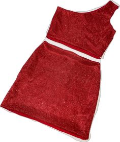 One Shoulder Sequin Set For Party, One-shoulder Sequin Set For Party, Fitted One-shoulder Party Sets, Party Two-piece Set With Mini Skirt, Red Two-piece Party Dress, Red Two-piece Dress For Party, Crop Top Mini Skirt, One Shoulder Crop Top, Skirt Two Piece