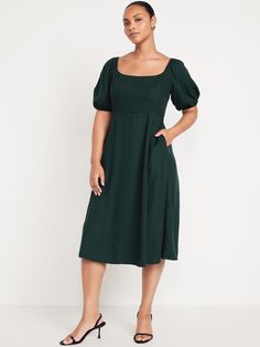 Fit and Flare Crepe Midi Dress | Old Navy Crepe Midi Dress, Green Fits, Family Pajamas, Green Midi Dress, Navy Green, Navy And Green, Fit & Flare, Puff Sleeves, Toddler Boys