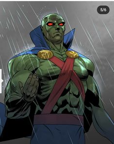 the green man is standing in the rain with his hands on his hips and red eyes