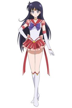 an anime character with long black hair wearing a red and white outfit, standing in front of