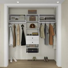 an open closet with clothes and shoes hanging on the wall, next to a shoe rack