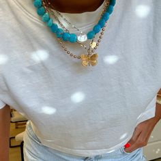 This gorgeous, round blue magnesite necklace is paired with a luminous round freshwater pearl, creating a unique and vibrant piece. Its versatility makes it a must-have accessory perfect for dressing up or down. 16'' inch length Handmade / real natural stone beads Herringbone Necklace, Natural Stone Beads, Solid Gold Earrings, Pearl Collection, Gold Filled Ring, Dressing Up, Gold Filled Earrings, Anklet Bracelet, Blue Necklace