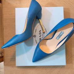 Gorgeous Color Great Condition Gold Heel Luxury Blue Heels For Work, Designer Blue Heels For Office, Prada Heels, Shoes Prada, Gold Heels, Prada Shoes, Shoes Women Heels, Prada, Shoes Heels