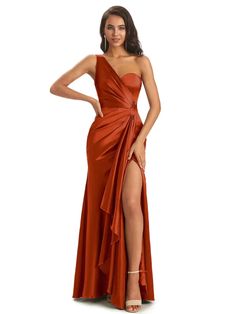 Mismatched Rust Sexy Side Slit Mermaid Soft Satin Long Bridesmaid Dres – ChicSew Boho Wedding Guest Dress, Boho Wedding Guest, Mermaid Long Bridesmaid Dresses, Side Split Dress, Bridesmaid Dresses Uk, Mermaid Bridesmaid, One Shoulder Bridesmaid Dresses, One Shoulder Bridesmaid, Mermaid Bridesmaid Dresses