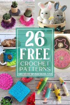 20 free crochet patterns for easter baskets, pot holders and other crafts with text overlay that says 26 free crochet pattern