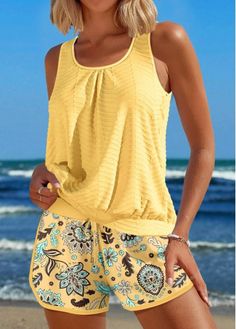 Color:Light Yellow;Size:S;Size:M;Size:L;Size:XL;Size:XXL;Package Contents:1 X Top , 1 X Shorts;Occasion:Sport; Polyvore Outfits Summer, Yellow Tankini, Beach Outfit For Women, Elegant Dresses Plus Size, Beach Bridesmaid Dresses, Tankini With Shorts, Summer Items, Fall Fashions, Swimwear Suits