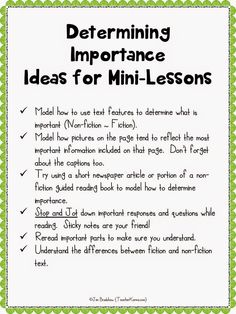 a green and white poster with the words determining important ideas for mini - lessons