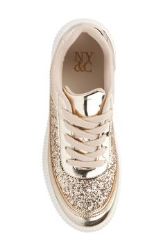 This street-ready sneaker hits the scene with plush materials, trend-forward platform sole and incredible cushioning. 1 1/2" platform Textile and synthetic upper/synthetic lining/rubber sole Imported New York And Company, Platform Sneaker, The Scene, Nordstrom Rack, Gold Glitter, Womens Sneakers, Rubber Sole, Nordstrom, Glitter