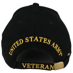 Our Officially Licensed US Army Veteran Emblem Embroidered Structured Military Baseball Cap is officially licensed by the US ARMY. This structured cotton twill military cap features high quality embroidered logo of United States Army. Made from 100% Cotton Twill. Constructed front crown. 6 ventilation eyelets. Fitted with an inner cotton sweatband. Stiff and pre curved bill. Finished with an adjustable metal buckle closure. One size fits most. 100% cotton Military logo of United States Army is e Military Style Baseball Cap With Logo Patch, Military Style Baseball Cap With Embroidered Logo, Military Cap With Logo Patch, Military Style Cap With Logo Patch, Black Military Style Cotton Baseball Cap, Black Cotton Military Hat, Us Army Veteran, Military Logo, Image Font