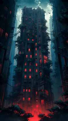 a tall building with red lights in the windows and trees growing out of it's sides