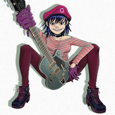 a drawing of a girl with purple hair holding a guitar and wearing a pink hat