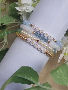 Step into a world of spirituality and style with our Beaded Bracelets with Christian Motivational Words. Handcrafted with love and dedication, these bracelets are more than just an accessory; they are a testament to your faith and a constant reminder of your personal journey. A perfect unique gift for her, each bracelet is personalized with a custom message of your choice, making it a truly one-of-a-kind piece that is sure to uplift and inspire. Made with high-quality beads, each bracelet is met Inspirational Beaded Bracelets As Gift, Spiritual Stretch Bracelet With Tiny Beads As Gift, Inspirational Beaded Round Bracelets, Blue Personalized Inspirational Jewelry, Inspirational Blue Beaded Bracelets For Gifts, Blue Name Bracelet With Colorful Beads As Gift, Inspirational Blue Bracelets For Gifts, Blue Inspirational Adjustable Beaded Bracelets, Inspirational Blue Adjustable Beaded Bracelets