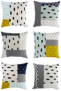 six pillows with different designs on them