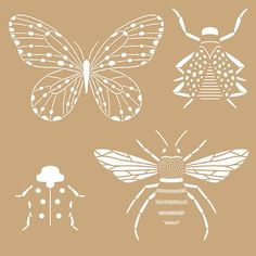 four insect stencils in white on a brown background, each with different designs