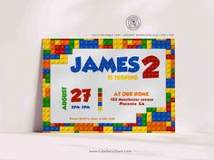 a lego birthday party card with the name james 2 on it